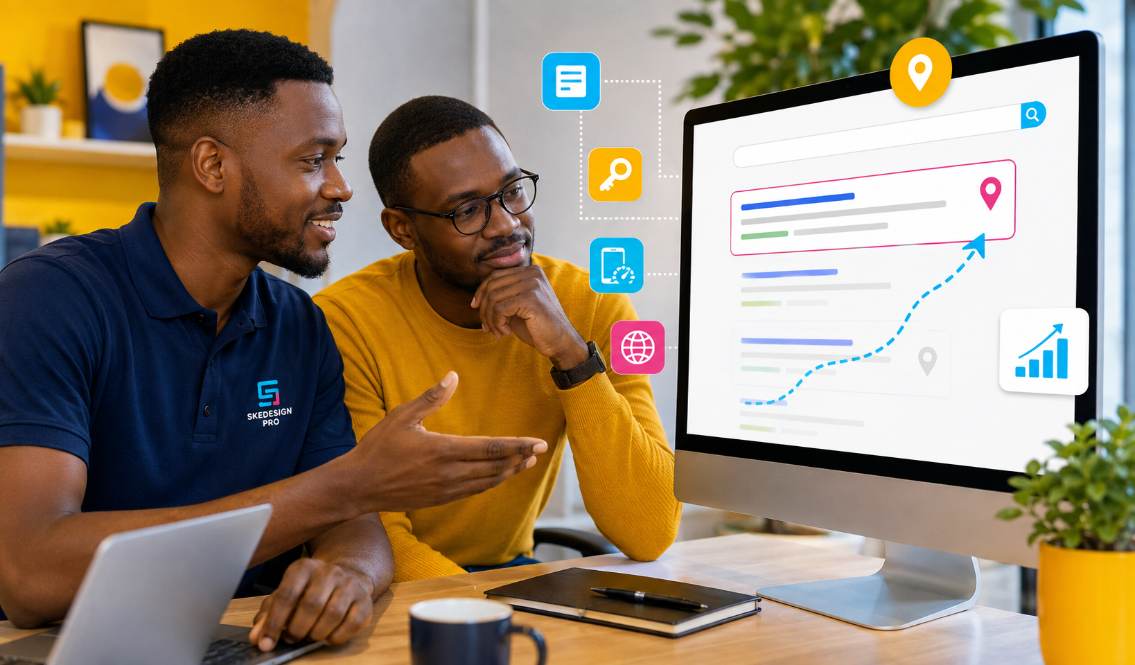 Expert SKEDESIGN PRO expliquant simplement le référencement SEO à un entrepreneur